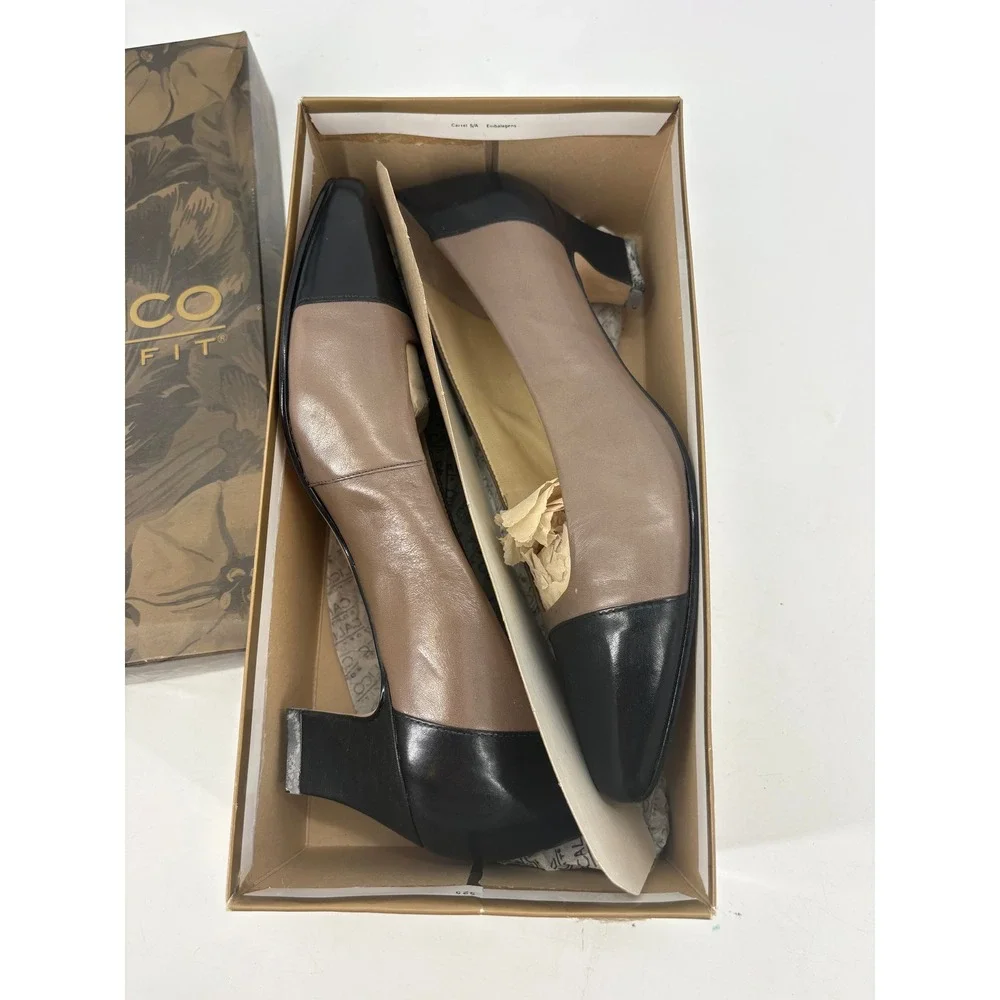 Calico Soft Fit Pumps 8.5 M Tribute Brown Black Leather Cap Toe Kitten Heel